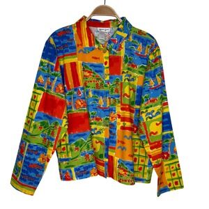 Coldwater Creek Tropical Island Scenic Print Button Down Shirt‎ Colorful Top
